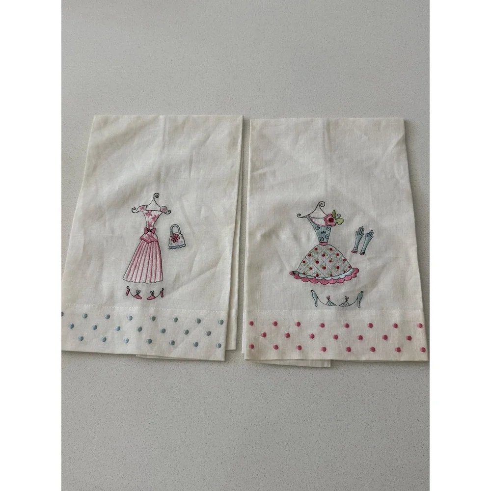 Vintage Style Embroidered Dress Tea Towels Set of 2 Pink Blue Polka Dot Linen
